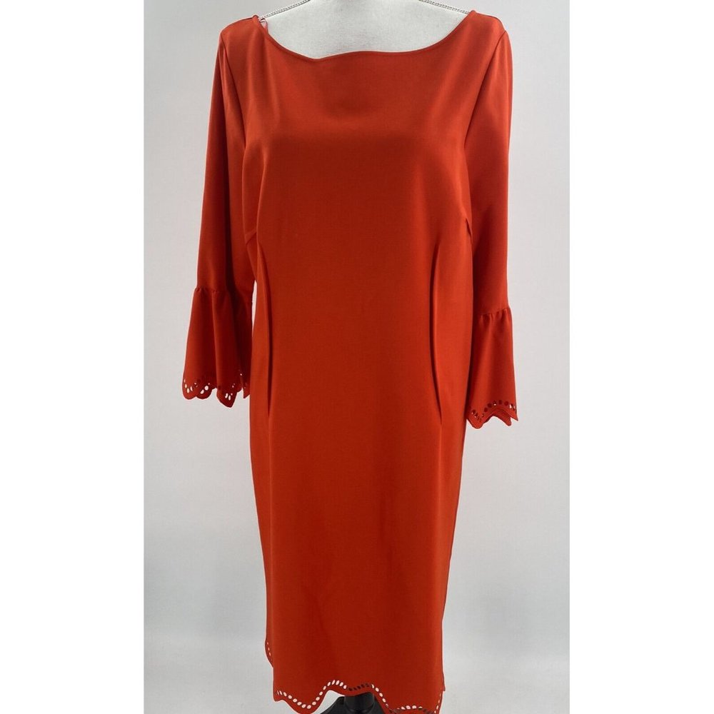 Teri Jon by Rickie Freeman Midi Dress Knit Orange Long Bell Sleeves Size 4